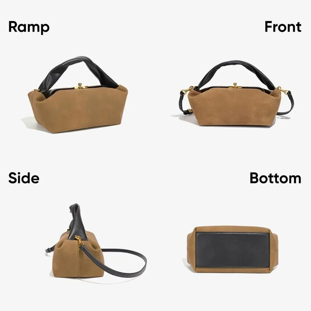 Women's Khaki Faux Suede Vintage Slouchy Soft Satchel Kiss Lock Hobo Handbag